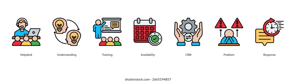 Icone da Web do banner de prontidão do Suporte ao cliente define o conceito de ilustração vetorial com o ícone do helpdesk, entendimento, treinamento, disponibilidade, crm, problema, resposta