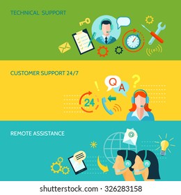 Customer Support Remote And Technical Assistance 3 Horizontal Flat Style Banners Isolated Vector Illustration