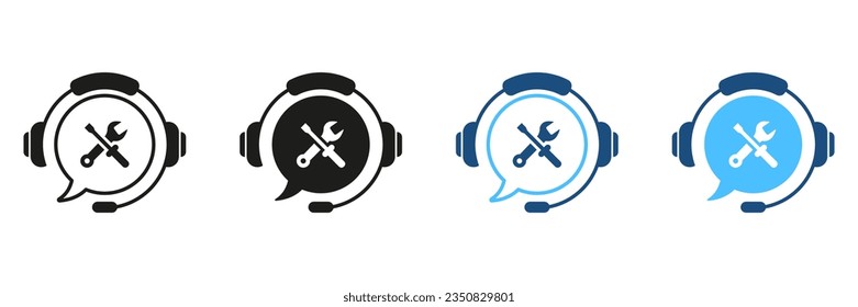 Customer Support Repair Service Silhouette Icon Set. Help Center, Hotline Pictogram. Headset with Speech Bubble, Maintenance Sign. Online Operator Symbol Collection. Isolated Vector Illustration.