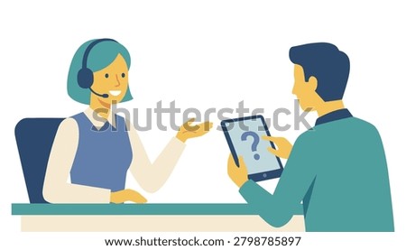 Customer support representative with headset consulting male client using digital tablet vector illustration