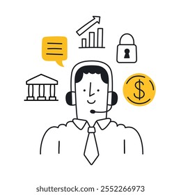 Representante de Asistencia al cliente con auriculares. Iconos relacionados con las finanzas, incluidos gráficos y signo de dólar. Concepto de servicios bancarios y de seguridad. Ilustración Doodle - trazo editable.