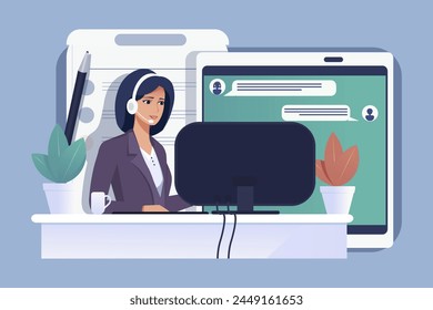 Customer support representative at her desk with headset, Vector illustration, blue background, concept of online customer service. Vector illustration