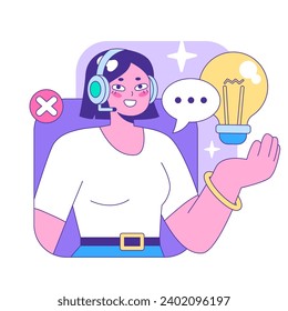 Customer support representative swiftly handles inquiries, balancing rejection and a bright idea in a digital world, all while maintaining a cheerful demeanor. Flat vector illustration.