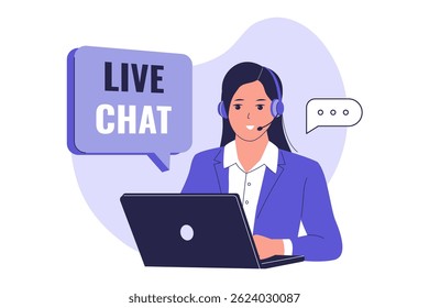 Customer Support Representative Using Live Chat. Online Help Desk Illustration. Illustration for websites, landing pages, mobile apps, posters and banners