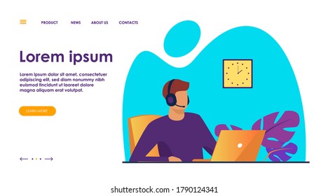 Customer support representatives working in call center. People in headset working at laptop in office flat vector illustration. Support service concept for banner, website design or landing web page