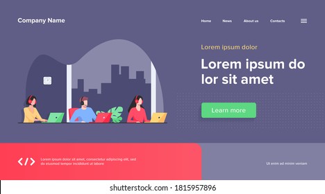 Customer support representatives working in call center. People in headset working at laptop in office flat vector illustration. Support service concept for banner, website design or landing web page