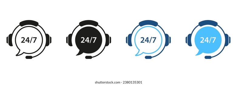 Customer Support Service, 24 7 Hotline Silhouette Icon Set. Help Around The Clock, Call Center Pictogram. Online Operator Symbol Collection. Headset with Speech Bubble. Isolated Vector Illustration.