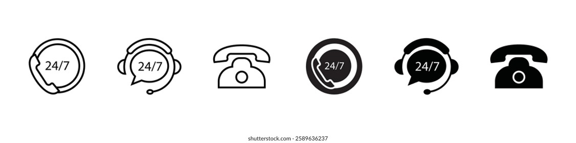 Customer Support Service, 24 7 Hotline Silhouette Icon Set. Help Around The Clock, Call Center Pictogram. Online Operator Symbol Collection. Headset with Speech Bubble. Isolated Vector Illustration
