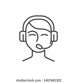 Customer support service assistant, call center operator, person in headset with microphone line icon.