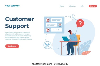Customer support service, assistant to client landing page. Vector service support for customer, help call and assistant center illustration