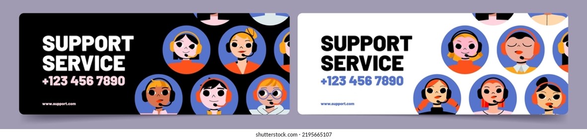 Customer support service banners with call center phone number. Specialist help clients online via internet. Operator staff in headset work at hotline helpdesk, Line art flat vector flyer templates