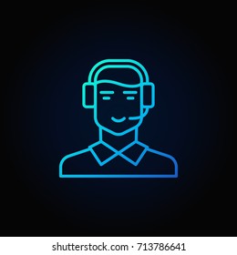 Customer support and service blue icon. Vector man in headset symbol in thin line style on dark background