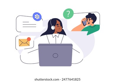 Customer support service, call center. Online help and assistance for clients. Communication, problem solution with consultant at helpdesk. Flat vector illustration isolated on white background