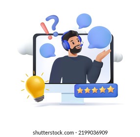 Customer support service. Characters talking with helpdesk or call center operator and leaving positive feedback. User experience concept. Vector illustration. Call center, hotline, technical support