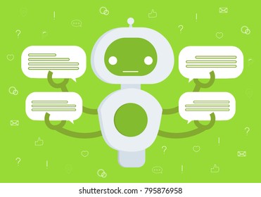 Customer support service chat bot. Bot holds speech bubbles.