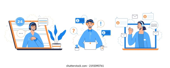 Customer Support Service, Client Help Center Hotline Operators. Flat Customer Care Workers, Mobile Client Support Center Flat Vector Illustration Set. Problem Solving Customer Care