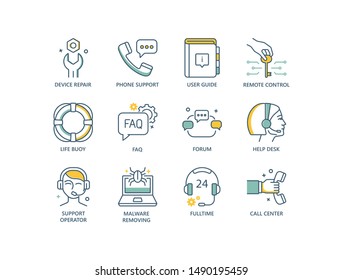 Customer support service colored line icons with device repair, call center, user guide, remote control, operator, chat. 