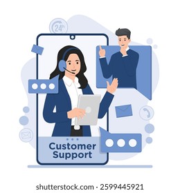 Customer support service concept with call center, contact us assistance, and help desk illustration