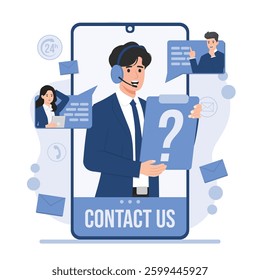 Customer support service concept with call center, contact us assistance, and help desk illustration