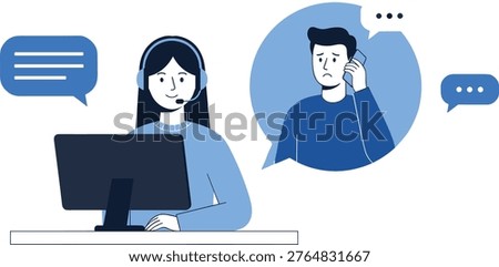 Customer support service concept with call center operator assisting client on phone, online help desk communication and technical support illustration