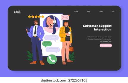 Concepto de servicio de Asistencia al cliente. Cuidado del Cliente digital e interacción de Comentarios ilustrado en una interfaz de Sitio web. Ilustración vectorial.