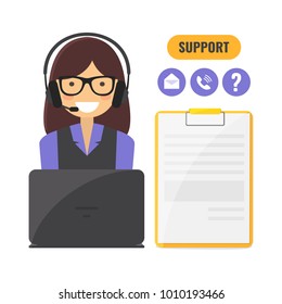 Customer support service concept. Girl takes calls from customers. Vector flat style illustration