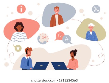 Customer support service concept. Customer service representatives communicate with customers via a hotline. Set of diverse multiracial male and female characters. Flat cartoon vector illustration