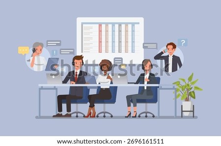 Customer Support and Service concept. Customer support team with headphones, chat bubbles, and laptop flat character vector illustration design.