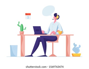 Customer Support Service. Consultant on Hotline Chat with Client, Telemarketer. Call Center Answer Infographic Character in Headset Technical Professional Receptionist. Flat Vector Illustration