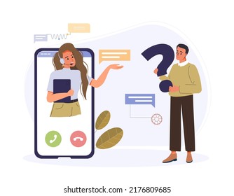 Asistencia al cliente, contenido de servicio al cliente. Caricatura haciendo preguntas, charlando con un asistente personal. Pantalla Smartphone con operador de línea directa en auriculares que ayudan a los clientes en ilustración vectorial