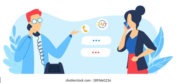 Customer support service, fix maintenance, contact us help desk vector illustration. Phone call technical support. Professional fixing. 24 7 contact center with tech administrator online.