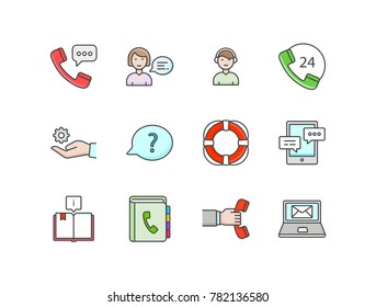 Customer support service flat line colored icons set with phone tube, assistant, life buoy ring, chat, book, address book.