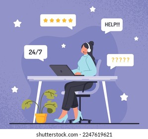 Customer support service. Girl in headset sits at laptop and answers frequently asked questions. Feedback and technical support. Call center and hot line operator. Cartoon flat vector illustration