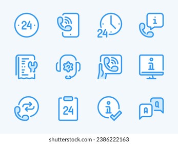 Iconos de línea vectorial de servicio de asistencia al cliente y línea de ayuda. Juego de iconos de ayuda telefónica y consultoría. Asistencia las 24 horas, chat, ayuda, informe de información, centro de llamadas, preguntas frecuentes y más.