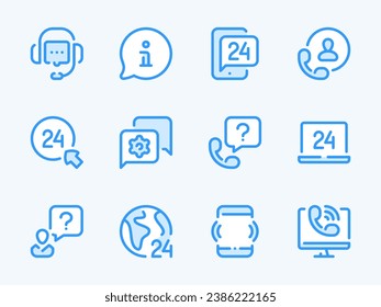 Iconos de línea vectorial de servicio de asistencia al cliente y línea de ayuda. Juego de iconos de ayuda telefónica y consultoría. Chat Bot, Ayuda, Información, Pregunta y más.