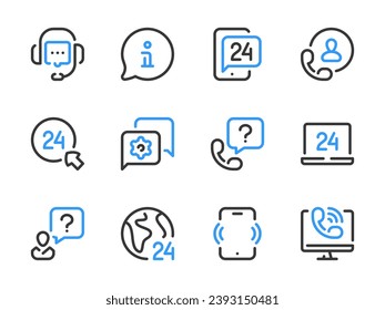 Customer support service and Helpline vector line icons. Help, Assistance and Consulting outline icon set.