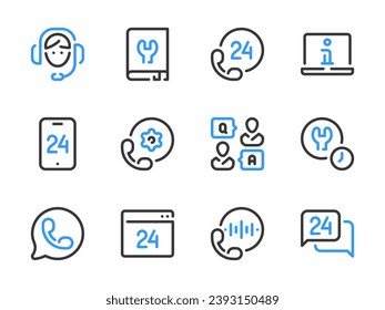 Customer support service and Helpline vector line icons. Help, Assistance and Consulting outline icon set.