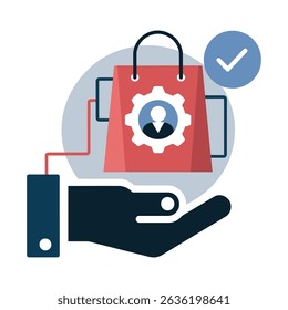 Icono de servicio de Asistencia al cliente: bolso de compras de mano con equipo de usuario y marca de verificación: Vector del concepto de gestión de clientes comerciales