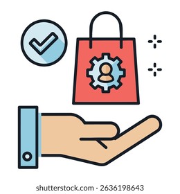 Ícone de serviço de atendimento ao cliente - Saco de compras com equipamento de usuário e marca de verificação - Vetor de conceito de gerenciamento de cliente empresarial