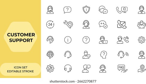 Customer support and service icon set in line style for web and mobile app. Helpdesk, online assistance, contact, feedback, email support, 24 hrs help, assistance, service icons, support and more.