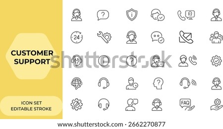 Customer support and service icon set in line style for web and mobile app. Helpdesk, online assistance, contact, feedback, email support, 24 hrs help, assistance, service icons, support and more.