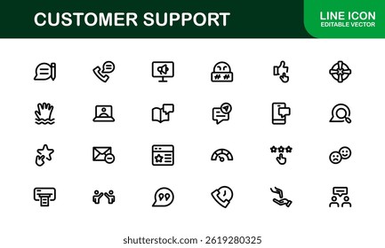 Customer Support Service Icons – Professional Vector Line Illustrations for Online Help, Chat, Call Assistance, and Technical Support Graphics