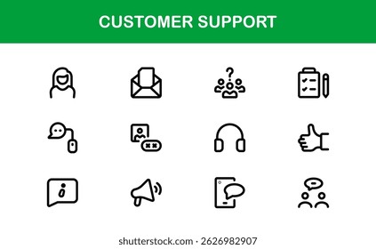 Customer Support Service Icons – Professional Vector Line Illustrations for Online Help, Chat, Call Assistance, and Technical Support Graphics