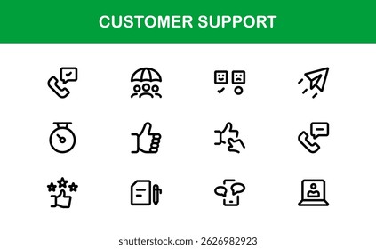 Customer Support Service Icons – Professional Vector Line Illustrations for Online Help, Chat, Call Assistance, and Technical Support Graphics
