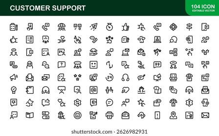 Customer Support Service Icons – Professional Vector Line Illustrations for Online Help, Chat, Call Assistance, and Technical Support Graphics