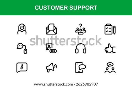 Customer Support Service Icons – Professional Vector Line Illustrations for Online Help, Chat, Call Assistance, and Technical Support Graphics