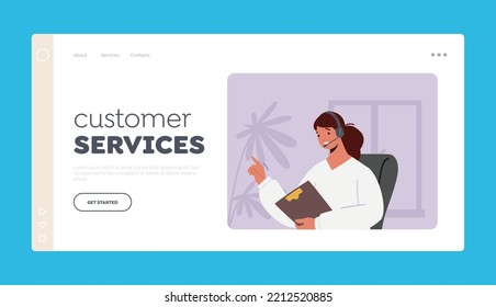 Customer Support Service Landing Page Template. Technical Operator Girl in Headset Hotline Consultant Chatting with Client in Call Center Answering Questions. Cartoon People Vector Illustration