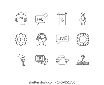 Customer support service line icons set with 24 hours, faq, hotline, technical, video tutorial, LiveChat, ticket system, forum, knowledge base, assistant.