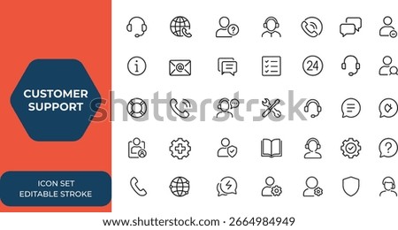 Customer Support and Service line icons set for web and mobile apps. Help, contact, online assistance, feedback, helpdesk, email, 24 hrs support, assistance, customer care, service. and more.