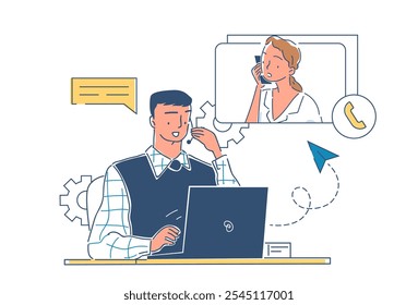 Customer support service. Man on phone answering womans question. Technical support and call center operator. Hot line service. Linear vector illustration isolated on white background